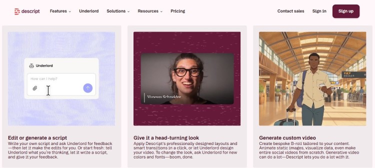 Descript interface showing AI-powered features for content creation, including script generation and video creation