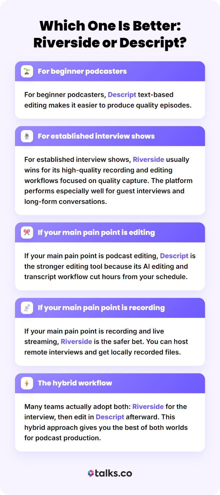Comparison chart showing when to choose Descript and Riverside for recording, editing, and podcast production