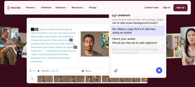Descript interface showing editing and ai features for transcription, avatars, and content creation