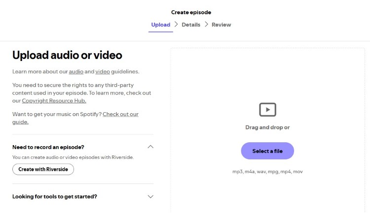Upload screen for creators ensuring your podcast audio or video files meet platform requirements before publishing