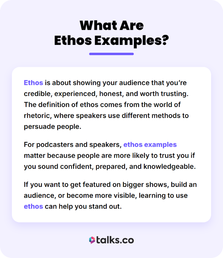 Infographic explaining the ethos definition and how credibility helps persuade an audience