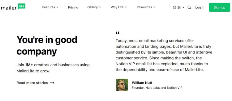 MailerLite testimonial page for businesses trying to find the best email marketing platform