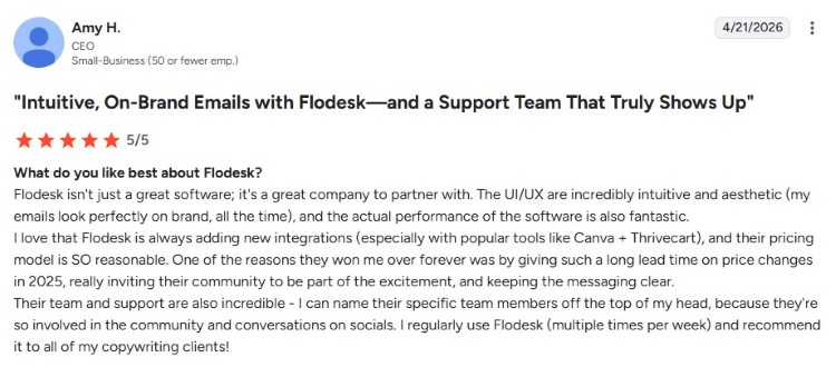 Flodesk customer review discussing design features that help creators wow their subscribers