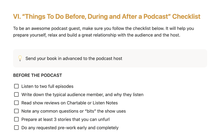 Checklist covering preparation before, during, and after appearing as a guest on podcasts