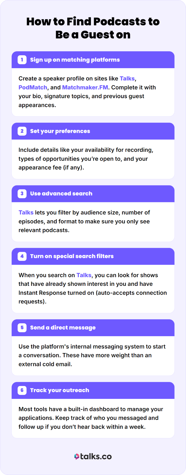 Step-by-step guide showing how to find relevant podcasts using matching platforms and search filters