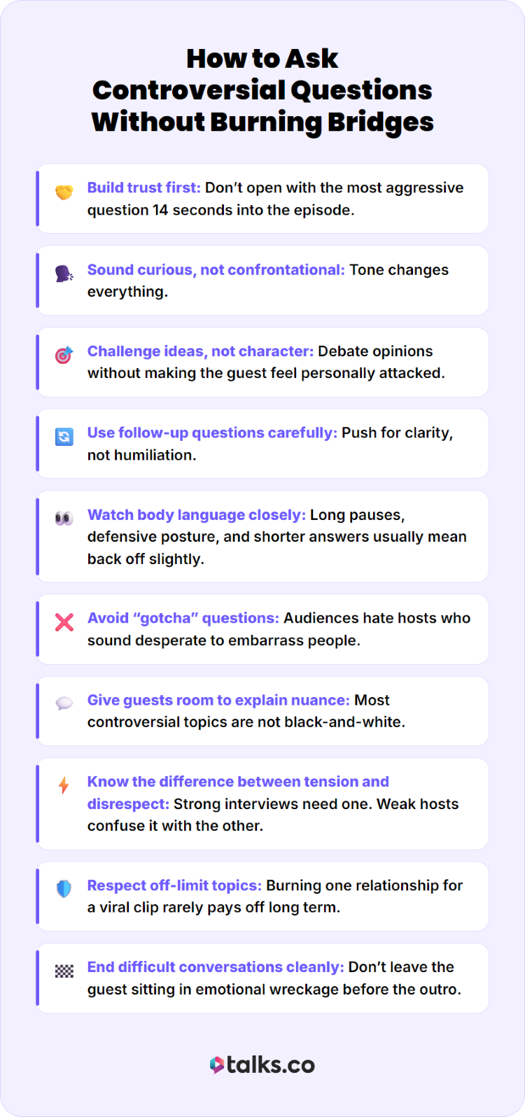 Infographic explaining how to make the conversation feel natural during controversial interviews