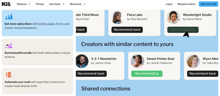 Kit recommendation engine demonstrating network effects through creator referrals and subscriber recommendations