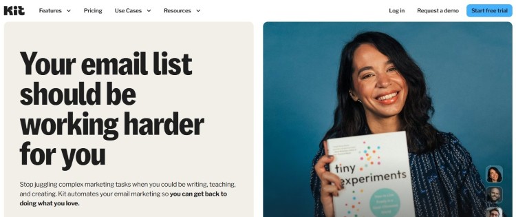 Creator-focused homepage highlighting how kit’s email marketing tools help grow and engage audiences
