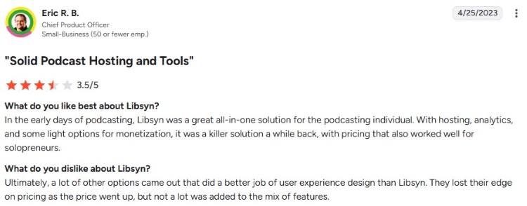Customer review discussing Libsyn podcast hosting features and overall experience