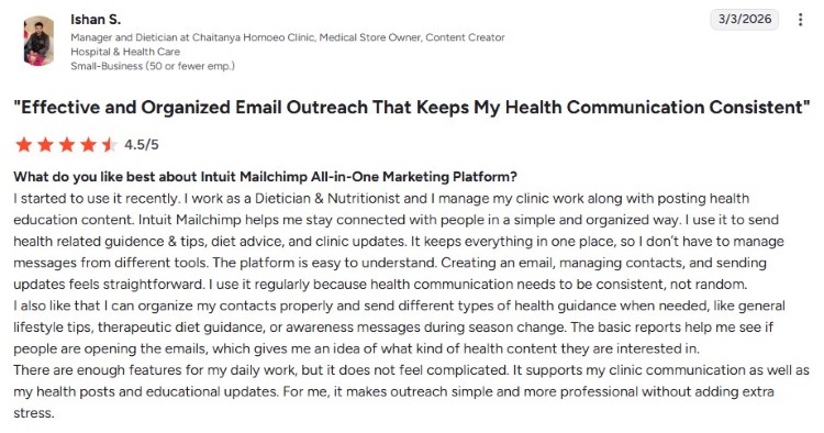 Customer testimonial describing how Mailchimp users manage email outreach and communications