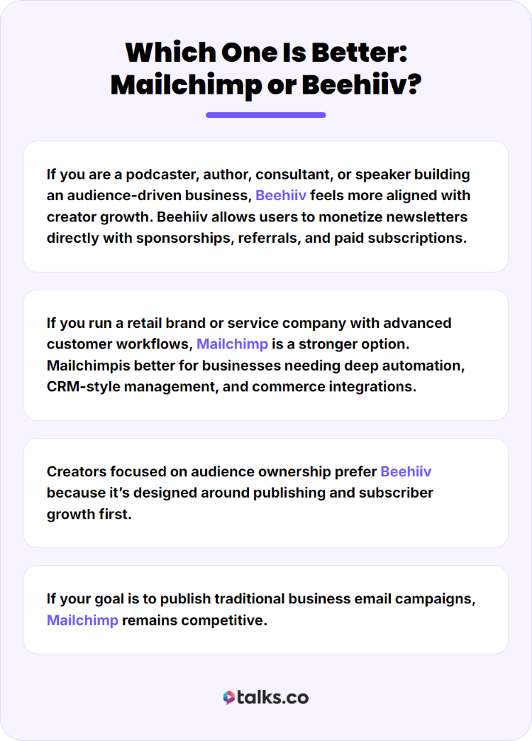 Infographic comparing Mailchimp vs Beehiiv for newsletter growth, monetization, and automation