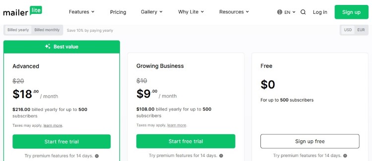 MailerLite pricing page featuring a plan at 9 per month for growing businesses