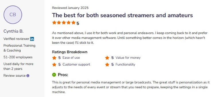 Customer review discussing why OBS is one easier platform for streamers to use