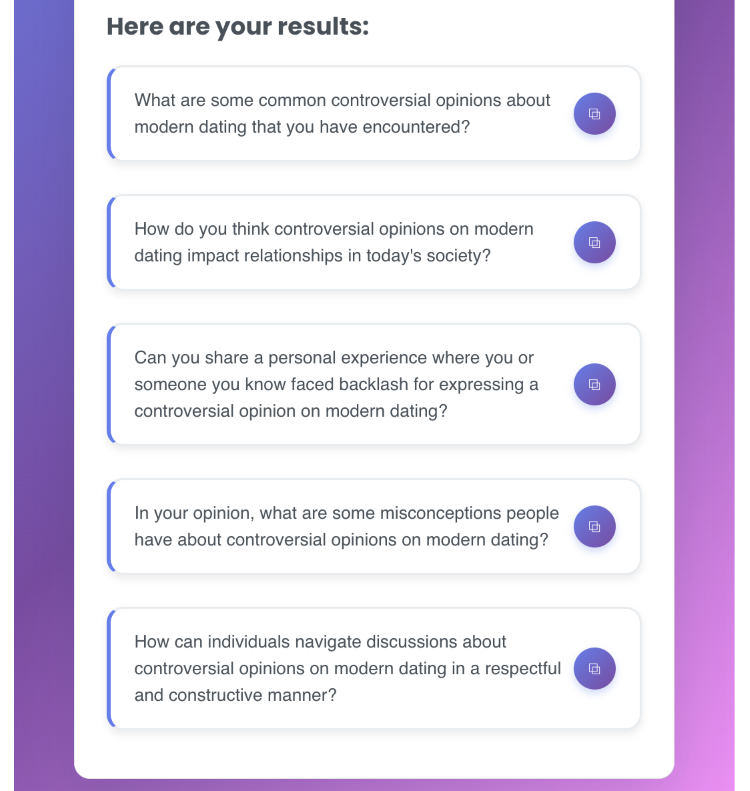 List of generated interview prompts featuring original questions about modern dating
