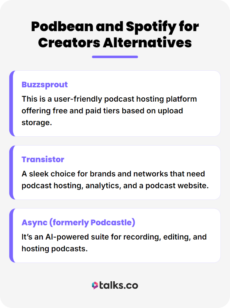 Comparison graphic showing alternatives to Podbean and Spotify for podcasters, including Buzzsprout, Transistor, and Async