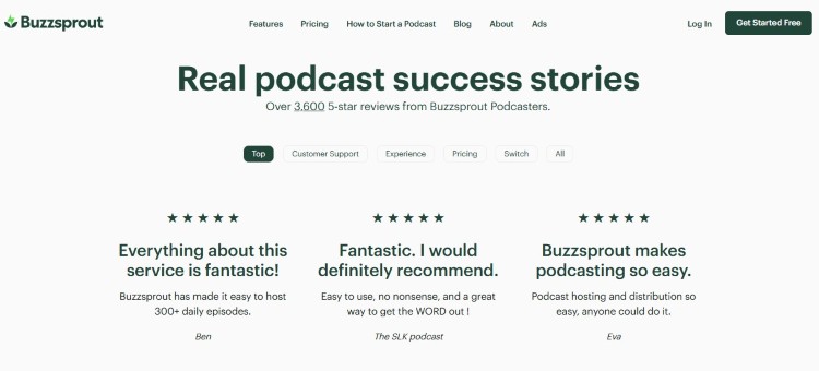 Buzzsprout webpage featuring reviews and testimonials from podcast creators