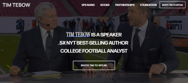 Tim Tebow public speaker website highlighting speaking engagements, books, and media appearances