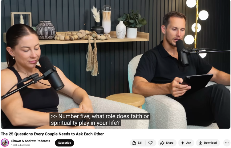 Podcast hosts discussing personal topics using questions to foster deeper conversation