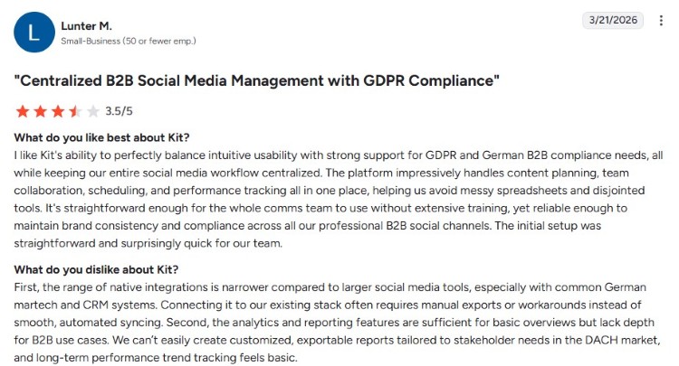 Customer review discussing Kit's workflow and marketing automation capabilities for business communications
