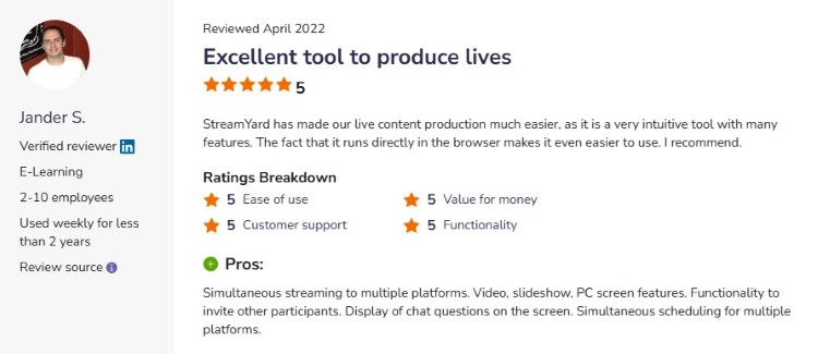 Customer review highlighting StreamYard's ease of use and live production features
