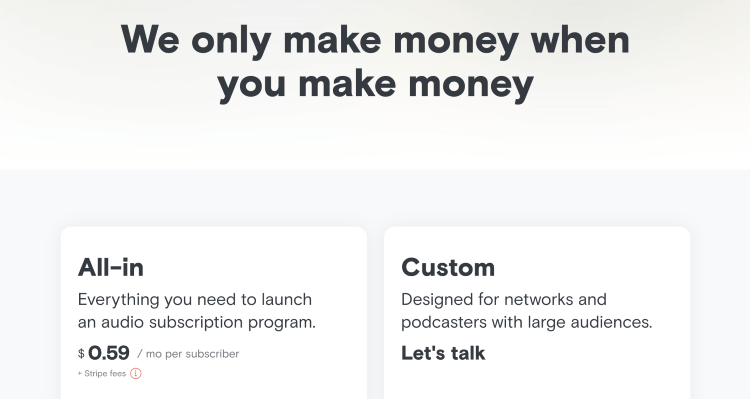 Supercast pricing model showing subscriber-based plans and custom enterprise options