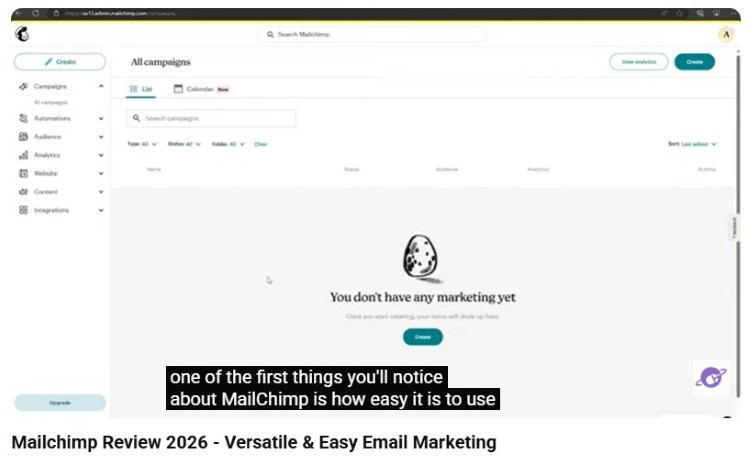 Mailchimp dashboard showing campaign management and website builder tools