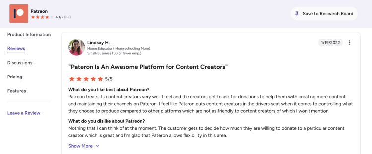 Customer review explaining why creators choose to use Patreon for memberships and content monetization