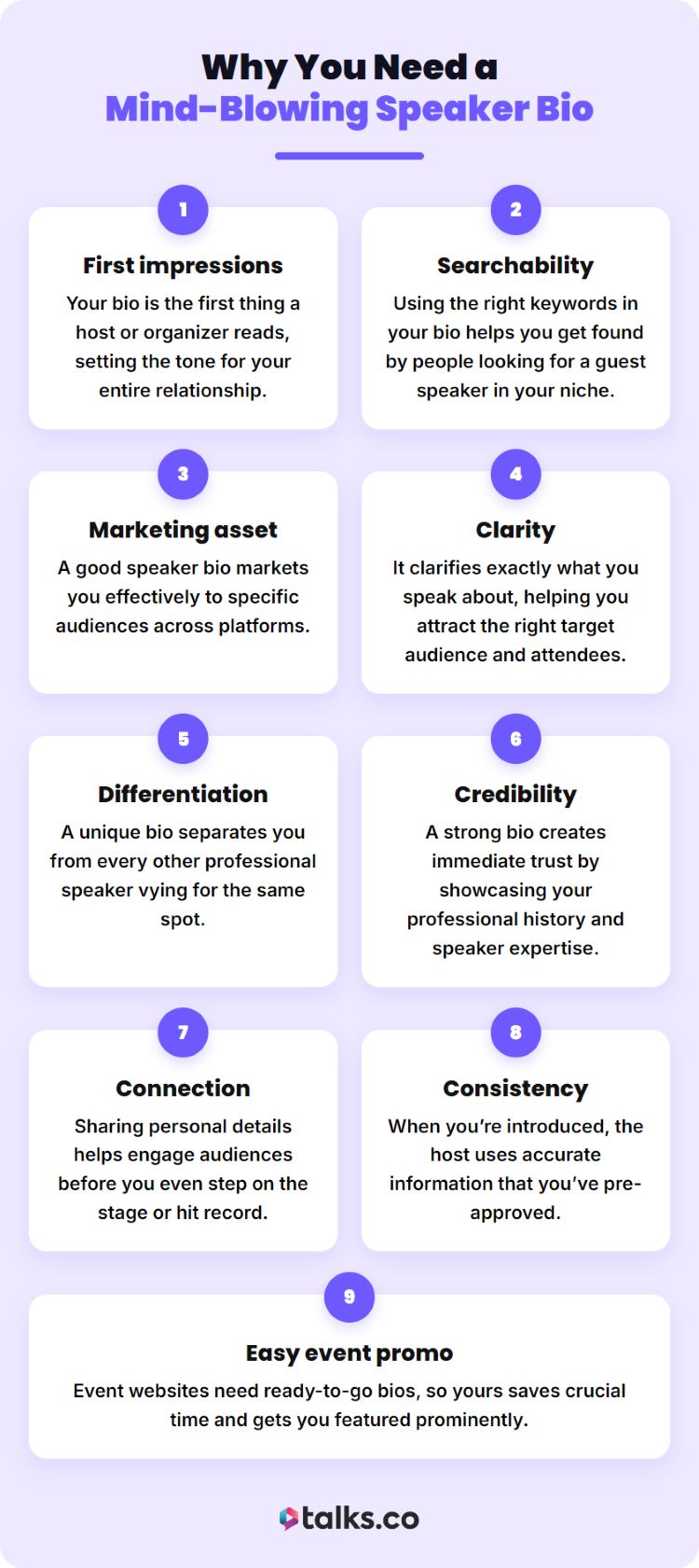 Infographic explaining why a speaker bio is a great way to build credibility, improve searchability, and attract speaking opportunities