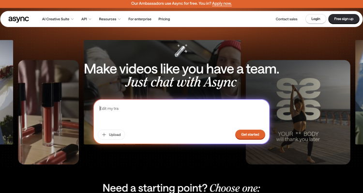 Async homepage showing an ai voice and video creation platform with a chat-based content workflow.