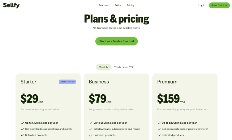 Sellfy pricing page shown as an alternative to Ko-fi for creators selling digital products and memberships.
