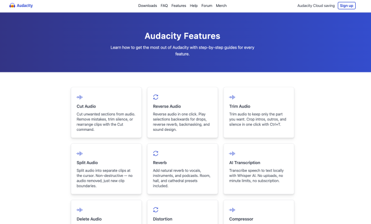 Audacity features page showing that the software includes tools for cutting, reversing, trimming, splitting, and enhancing audio.