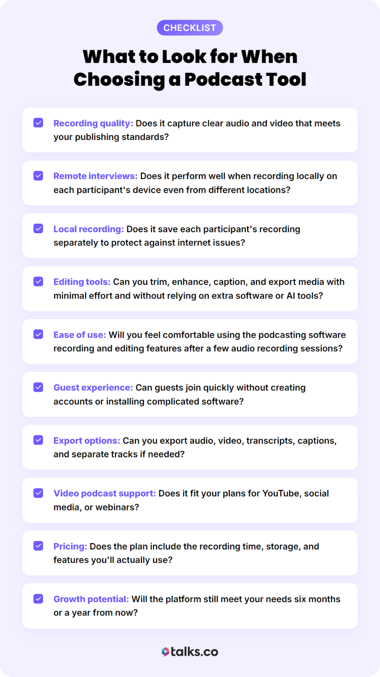 Podcast tool checklist highlighting audio quality, remote interviews, local recording, editing, and export options.
