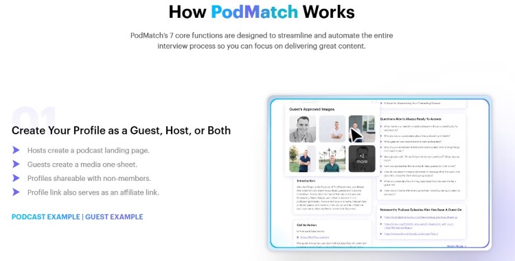 Overview showing how PodMatch can automate parts of the podcast interview process through guest and host profiles.