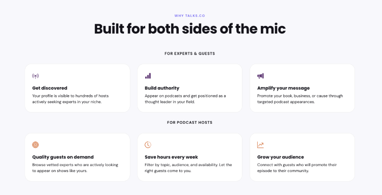 Screenshot of a podcast matching platform showing features that help podcast hosts discover guests and experts build authority through podcast interviews.