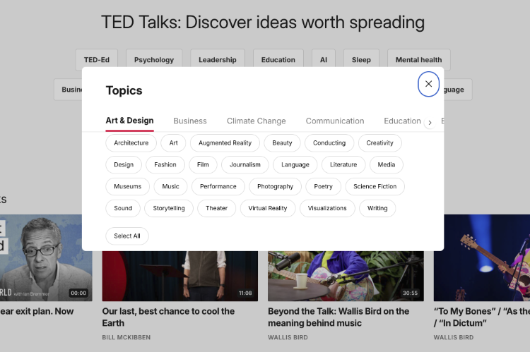 TED topic directory for discovering the best topics for ted talks across art, business, education, science, and communication.