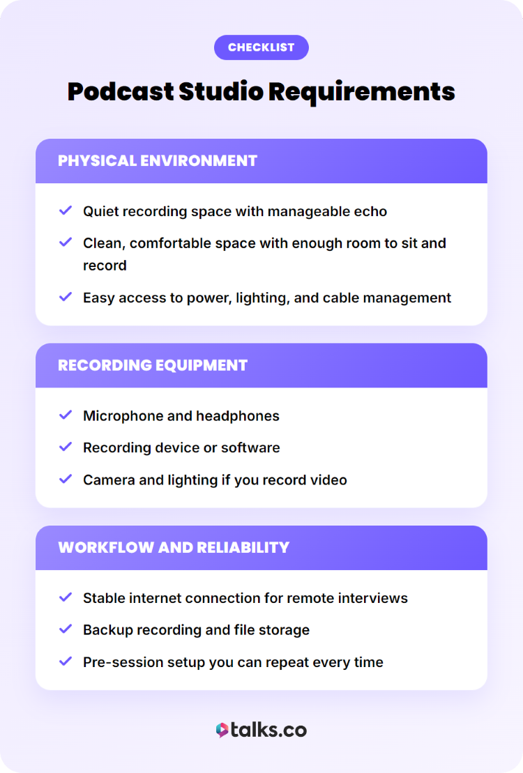 Checklist outlining what you need to build your own podcast studio, including equipment and workspace requirements.