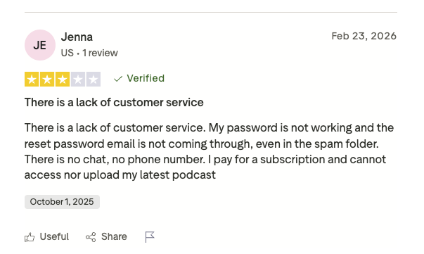Customer review describing a failed account connection and password reset experience.