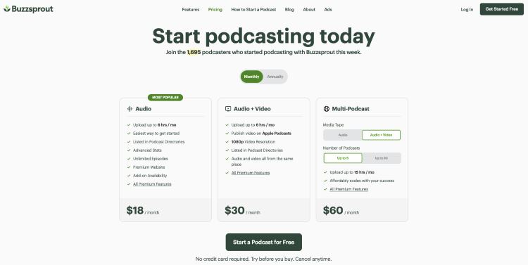 Buzzsprout pricing page showing the audio, video, and multi-podcast plans Buzzsprout offers.