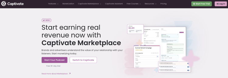 Captivate Marketplace homepage showing how captivate starts connecting podcasters with brands and podcast revenue opportunities.