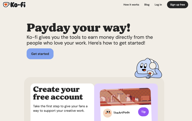 Ko-fi homepage showing tools that let supporters donate directly to creators.