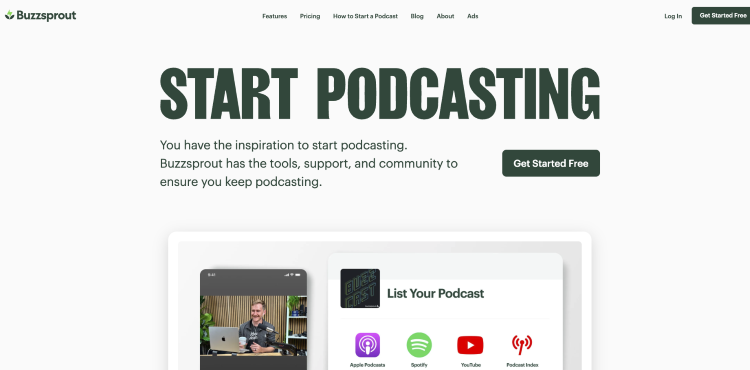 Buzzsprout homepage presenting the easiest way to start and publish a podcast.