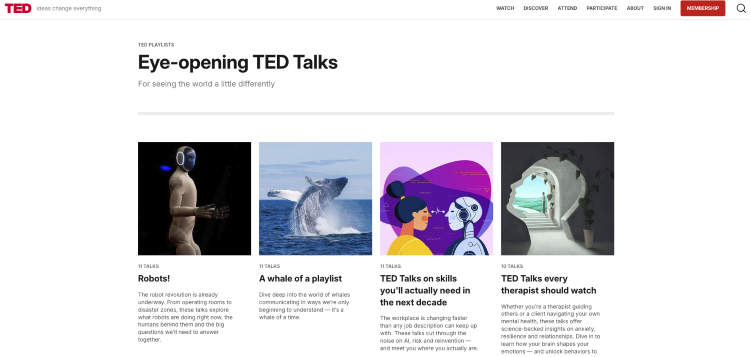 TED playlist featuring emotionally resonant talks about robots, whales, relationships, and human behavior.