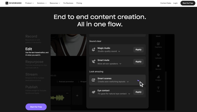 Riverside content creation workflow with AI tools for turning podcast episodes into short clips and enhancing recordings.