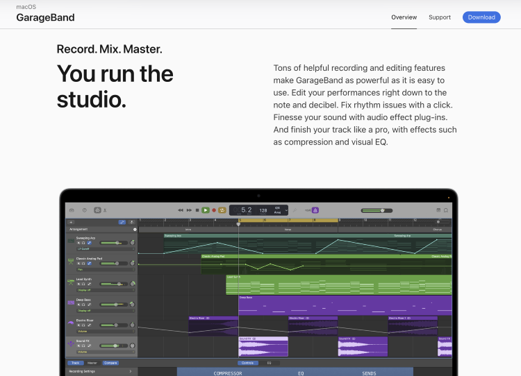 GarageBand software interface for recording, mixing, and producing audio projects on macOS.