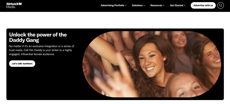 SiriusXM advertising page that helps identify potential sponsors for podcast advertising campaigns.