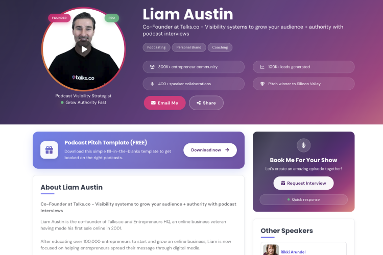 Example of a professional biography displayed on a speaker profile with achievements and booking information.