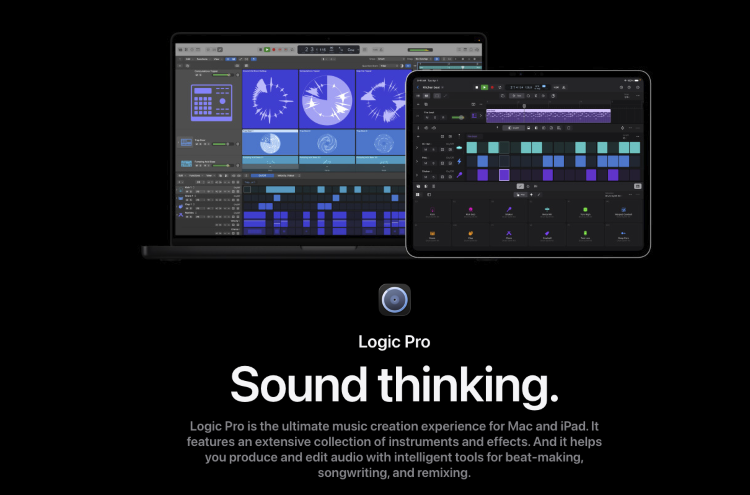 Logic Pro homepage showcasing a professional studio environment for music production and audio editing.