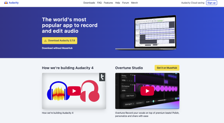 Audacity homepage presenting free audio recording and editing software, making it accessible to beginners and everyday creators.