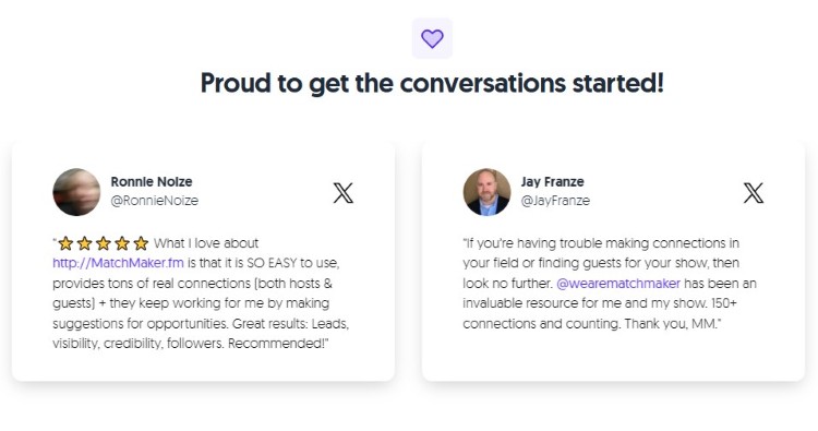 User testimonials describing Matchmaker.fm as a service that helps podcast hosts and guests make valuable connections.