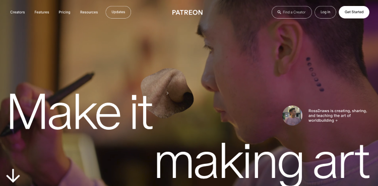 Patreon homepage showcasing a platform for creators to earn recurring income from supporters.